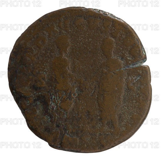Sestertius, Marcus Aurelius (121–180; Roman emperor 161–180) issuer; iconography: handshake, scrolls. Obverse: Head of Marcus Aurelius with laurel wreath facing right, inscription CAES, VREL - ANTONINVS AV, PM. Reverse: Marcus Aurelius and Lucius Verus (Roman emperor; 130–169) stand opposite each other and shake hands; Marcus Aurelius holds a scroll; inscription C, RD AVGVSTOR TR PX, episode COS III, fields SC. Date: 161. Roman Empire (27 BC–476), Rome. Coin; weight 20.94 g; diameter 31.0–32.0 mm; axis 0°.
