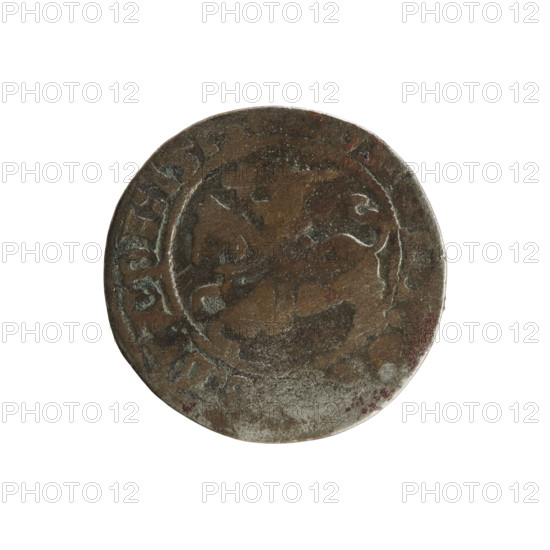 Lithuanian half-grosz, Sigismund I the Old (King of Poland; 1506–1548). Silver coin (half-grosz). Obverse: Pogon (Lithuanian mounted knight) turned left; rim with pearl-shaped borders and inscription. Reverse: Polish crowned eagle; rim with pearl-shaped borders and inscription. Dated 1510–1529. Mint: Vilnius, Grand Duchy of Lithuania. Jagiellon dynasty; emblems: Pogon and eagle.