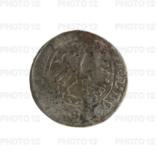 Lithuanian half-grosz, Sigismund I the Old (King of Poland; 1506–1548). Silver coin (half-grosz), Polish–Lithuanian, Jagiellon dynasty, dated 1510–1529. Obverse: Pogon (Lithuanian mounted knight) turned left; in the rim between pearl-shaped borders an inscription including 'MVNDI:151'. Reverse: Polish crowned eagle; in the rim between pearl-shaped borders an inscription including 'I:DV, IS'. Minted in Vilnius, Grand Duchy of Lithuania.