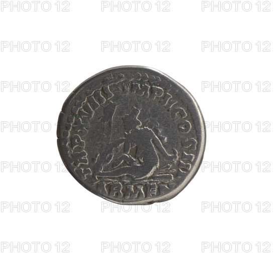 Denarius, Marcus Aurelius (121–180; Roman emperor 161–180) — obverse: bust of Marcus Aurelius without a covering, in armor and drapery on the left shoulder, facing right, inscription ANTONINVS AVG — ARMEN PM; reverse: personification of Armenia in a short robe, trousers and a pointed cap, seated left, supporting her head with her right hand, resting her left hand on a bow and a quiver, with shield and standard (vexillum) before her, inscriptions PM TR P XVIII, MP II COS III, ARMEN; dated 163–164; Roman Empire (27 BC–476); coin (denarius); diameter 18.0 mm; weight 3.03 g; axis 180°.