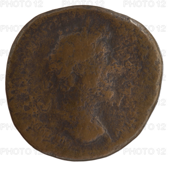 sestertius (forgery), Marcus Aurelius (121–180; Roman emperor 161–180) (issuer); obverse: head of Marcus Aurelius with laurel wreath facing right, legend IMP II COS III around; reverse: Felicitas standing left, right leg resting on globe, holding caduceus in right hand and cornucopia in left; attributes: caducei, cornucopias, globe; personifications: Felicitas; iconography of Marcus Aurelius; dating for the original: c. 164–165; Roman Empire (27 BC–476); Rome; coin, counterfeit; coin diameter 32.0–32.5 mm, weight 22.15 g, axis 345 degrees