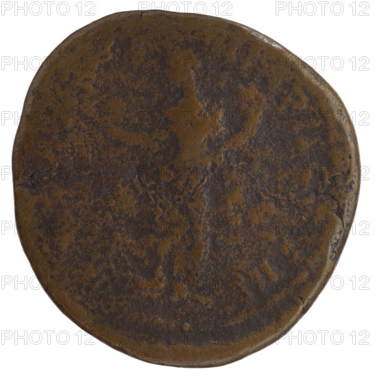 sestertius (forgery), Marcus Aurelius (121–180; Roman emperor 161–180), issuer; obverse: head of Marcus Aurelius with laurel wreath facing right, inscribed M; reverse: Felicitas standing left, right leg resting on globe, holding caduceus in right hand and cornucopia in left hand, legend IMP II COS III; iconography: caducei, Felicitas (personification), personifications, globe (attribute), cornucopias; date of original c. 164–165; Roman Empire (27 BC–476); Rome; coin (counterfeit); diameter 32.0–32.5 mm; weight 22.15 g; axis 345°