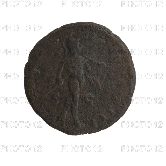 Head of Marcus Aurelius with a laurel wreath facing right, inscription NINVS AVG - ARMENIACVS all around; reverse: Naked Mars covered with a cloak walking to the right, holding a spear in his right hand and a trophy in his left, TR - IMP II COS III all around, in SC fields; issuer: Marcus Aurelius (121–180; Roman emperor 161–180); iconography: Roman deities, Mars; spears, trophies; date: 164–165; culture/place: Roman Empire, Rome; object: coin; coin dimensions: diameter 23.5–24.0 mm, weight 9.38 g, axis 180 degrees.