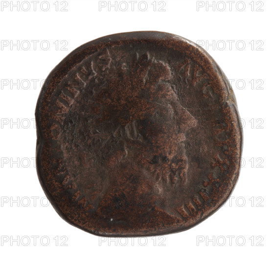 Sestertius of Marcus Aurelius (121–180; Roman emperor 161–180), issuer Marcus Aurelius. Obverse: Head of Marcus Aurelius with laurel wreath facing right, inscription 'M ANTONINVS - AVG, RP XXIIII' all around. Reverse: Salus standing left; in her right hand she holds a patera feeding a snake coiled around an altar, in her left hand a long scepter, inscription 'SALVT - AVG CO' all around, in SC fields. Date: 169–170. Roman Empire (27 BC–476). Coin. Diameter 30.0–30.5 mm, weight 27.35 g, axis 180°.