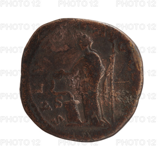 Sestertius of Marcus Aurelius (121–180; Roman emperor 161–180). Obverse: Head of Marcus Aurelius with laurel wreath facing right, M ANTONINVS - AVG, RP XXIIII all around. Reverse: Salus standing left; in her right hand she holds a patera from which she feeds a snake coiled around an altar, in her left hand she holds a long scepter, SALVT - AVG CO all around, in SC fields. Date: 169–170. Roman Empire (27 BC–476). Coin. Diameter 30.0–30.5 mm, weight 27.35 g, axis 180°.