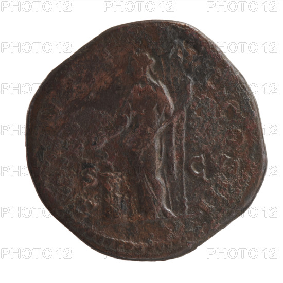 Sestertius of Marcus Aurelius (121–180; Roman Emperor 161–180), 169–170 CE. Obverse: Bust of Marcus Aurelius wearing a laurel wreath, with drapery on the left shoulder; legend ANT, NVS AVG - TR P XXIIII. Reverse: Salus standing left, feeding a snake coiled around an altar with a patera in her right hand and holding a long scepter in her left; legend SA, V, - AVG COS III. Bronze coin, Roman Empire; diameter 32.5–33.0 mm, weight 26.39 g, axis 0°.