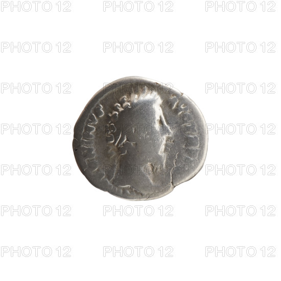 Denarius of Marcus Aurelius (121–180; Roman emperor 161–180). Obverse: Head of Marcus Aurelius with laurel wreath facing right; inscription TONINVS - AVG TR PX. Reverse: Salus (personification) stands frontally, turns his head to the right, feeds a snake held in his right hand. Iconography: personifications, snakes. Date: circa 169–171. Roman Empire (27 BC–476), Rome. Coin: silver; diameter 17.5–19.0 mm; weight 3.13 g; axis 0°.