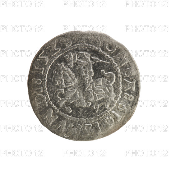 Lithuanian half-grosz, Sigismund I the Old (King of Poland; 1506–1548), 1520. Silver coin (half-grosz) from the Grand Duchy of Lithuania, minted in Vilnius. Obverse: Pogon (Lithuanian coat of arms) turned left; rim between pearl borders with inscription: O ETA:SIGISMVN I:15Z. Reverse: Polish crowned eagle; rim between pearl borders with inscription: + MA DVCIS:L IE: 1520. Features coats of arms and Jagiellon dynasty motifs.