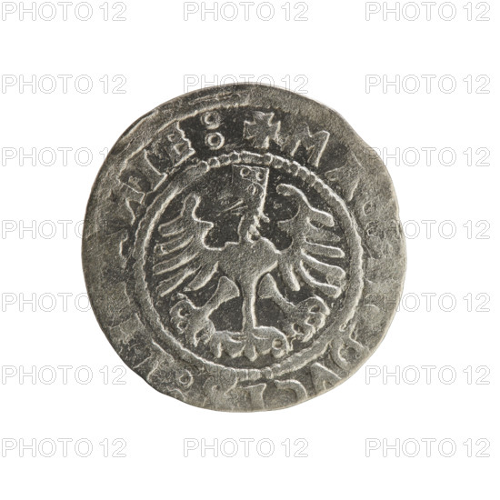Lithuanian half-grosz, Sigismund I the Old (King of Poland; 1506–1548). Obverse: Pogon (Lithuanian coat of arms) turned left; rim between pearl borders with inscription: O·ETA:SIGISMVN·I·15Z. Reverse: Polish crowned eagle; rim between pearl borders with inscription: +MA·DVCIS:L·IE:·1520. Silver coin, Grand Duchy of Lithuania (Vilnius), 1520.