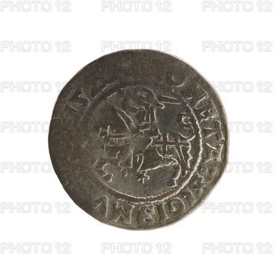 Lithuanian half-grosz, Sigismund I the Old (King of Poland; 1506–1548). Silver coin (half-grosz), 1520. Obverse: Pogon (Lithuanian knight) turned left; inscription in rim between pearl borders: ETA:SIGISMV, 15. Reverse: Crowned Polish eagle; inscription in rim between pearl borders: + MAG, IE:, 1520. Jagiellon dynasty; emblems: Pogon and eagle. Grand Duchy of Lithuania, Vilnius; Poland.