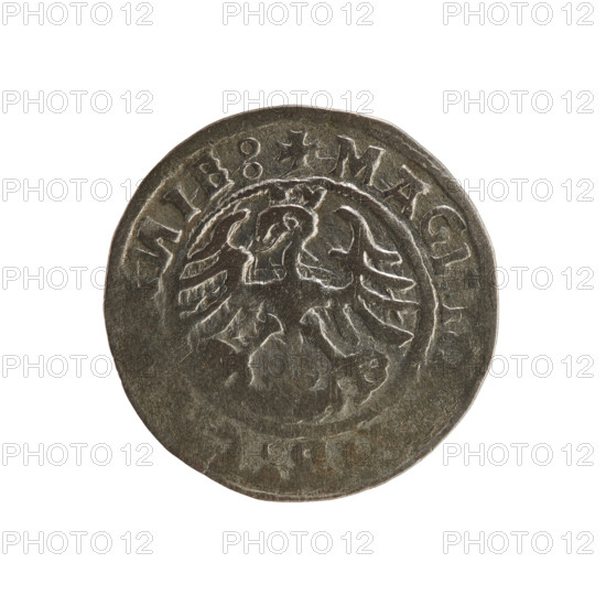 Lithuanian half-grosz, Sigismund I the Old (King of Poland; 1506–1548). Polish coin (Jagiellon dynasty), 1520. Obverse: Pogon (Lithuanian mounted knight) turned left; rim between pearl borders with inscription ETA:SIGISMV, 15. Reverse: Polish crowned eagle; rim between pearl borders with inscription + MAG, IE:, 1520. Grand Duchy of Lithuania, Vilnius.