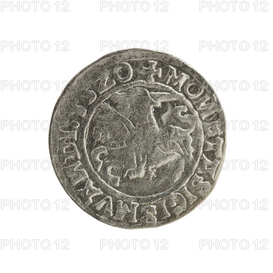 Lithuanian half-grosz, Sigismund I the Old (king of Poland; 1506–1548). Obverse: Pogon (Lithuanian charging knight) turned left; in the rim between pearl borders an inscription: + MO, ETA, IGISMVA, DI:15Z0. Reverse: Polish crowned eagle; in the rim between pearl borders an inscription: + MAG, :DVCIS:LITVA, IE.:., 1520. Grand Duchy of Lithuania; coin.