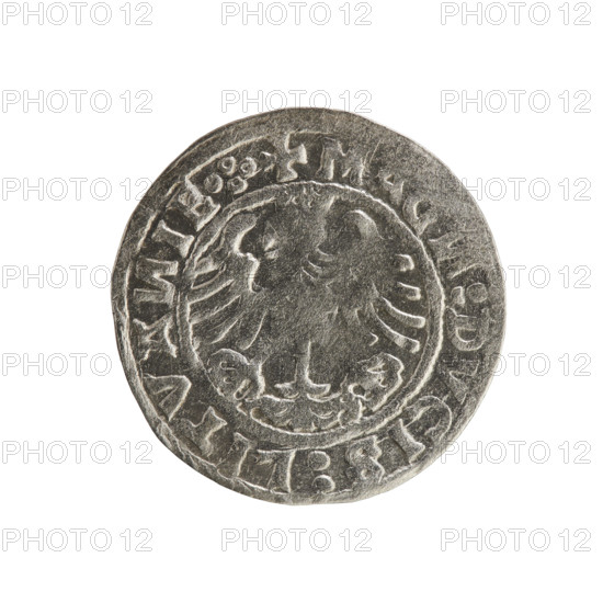 Lithuanian half-grosz (1520), Sigismund I the Old (King of Poland, 1506–1548). Silver coin from the Grand Duchy of Lithuania (Vilnius). Obverse: Pogon (Lithuanian mounted knight) turned left; rim inscription between pearl borders: + MO, ETA, IGISMVA, DI:15Z0. Reverse: crowned Polish eagle; rim inscription between pearl borders: + MAG, :DVCIS:LITVA, IE.:., 1520. Emblems: Pogon, eagle. Polish coins; Jagiellon dynasty.