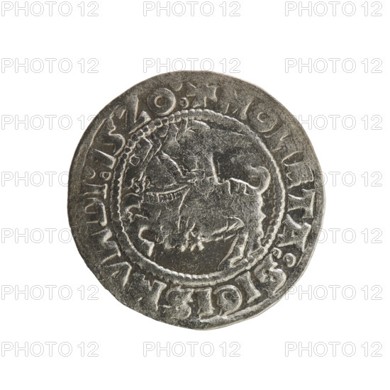 Lithuanian half-grosz, Sigismund I the Old (king of Poland; 1506–1548). Polish coin (Jagiellon dynasty). Obverse: Pogon (Lithuanian coat of arms) turned left; in the rim between pearl borders an inscription: + MO, TA:SIGISMV, DI:15Z0:. Reverse: crowned Polish Eagle; in the rim between pearl borders an inscription: + M, G, I:DVCIS:LITVA, IE:, 1520. Grand Duchy of Lithuania, Vilnius.