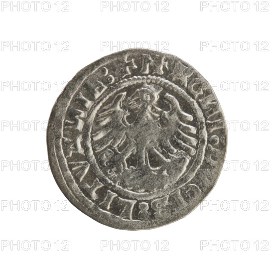 Lithuanian half-grosz, Sigismund I the Old (king of Poland; 1506–1548). Obverse: Pogon (Lithuanian mounted knight) turned left; in the rim between pearl borders an inscription: + MO, TA:SIGISMV, DI:15Z0:. Reverse: Polish crowned eagle; in the rim between pearl borders an inscription: + M, G, I:DVCIS:LITVA, IE:, 1520. Grand Duchy of Lithuania, Vilnius, Poland. Materials: coin (metal). Style/emblems: Jagiellon dynasty, emblems—Pogon and eagle.