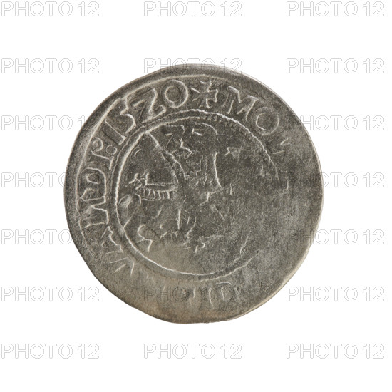 Lithuanian half-grosz, Sigismund I the Old (king of Poland; 1506–1548). Silver coin (half-grosz), 1520, Grand Duchy of Lithuania, Vilnius. Obverse: Pogon (Chasing Knight) turned left; in the rim between pearl borders an inscription: + MO, GI, VA, DI:15Z0. Reverse: Polish crowned eagle; in the rim between pearl borders an inscription: + M, ITVA, IE.:., 1520. Emblems: Pogon, eagle; Jagiellon dynasty; Polish–Lithuanian coin.