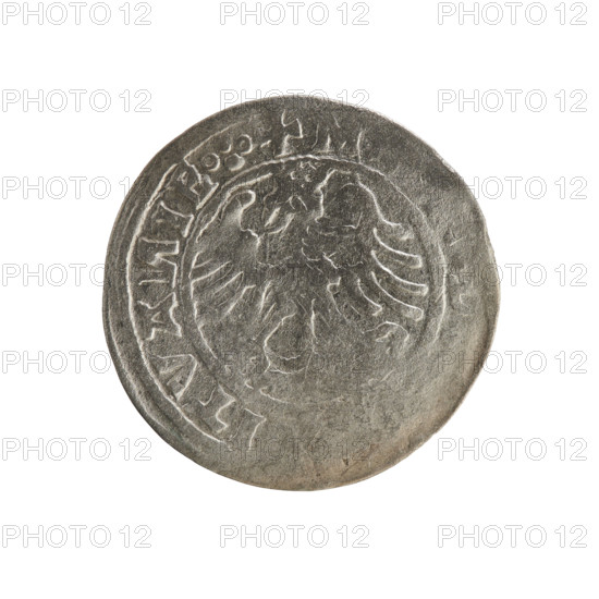 Lithuanian half-grosz, Sigismund I the Old (king of Poland; 1506–1548). Silver coin (half-grosz), 1520. Obverse: Pogon (Lithuanian mounted knight) turned left; rim between pearl borders with inscription '+ MO, GI, VA, DI:15Z0'. Reverse: Crowned Polish eagle; rim between pearl borders with inscription '+ M, ITVA, IE.:., 1520'. Jagiellon dynasty; emblems: Pogon and eagle. Grand Duchy of Lithuania, Vilnius; Poland.