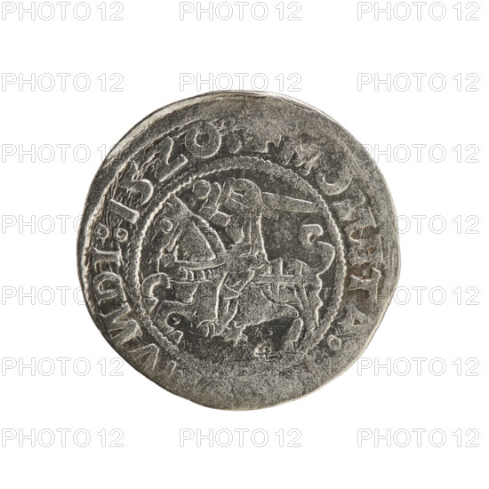 Lithuanian half-grosz, Sigismund I the Old (king of Poland; 1506–1548). Obverse: Pogon (mounted knight) turned left; in the rim between pearl borders an inscription: + MO, ETA, V, DI:15Z0. Reverse: Polish crowned eagle; in the rim between pearly borders an inscription: + M, GNI:DVCIS:LI :, 1520. Grand Duchy of Lithuania, Vilnius. Polish coin; Jagiellonian dynasty; coats of arms: Pogon, Eagle. R8 (rarity).