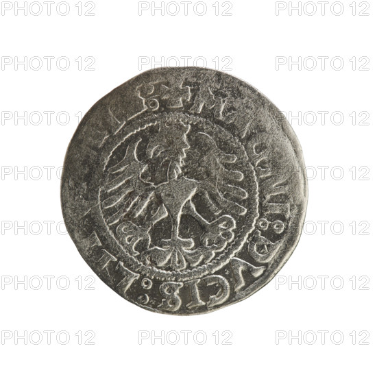 Lithuanian half-grosz, Sigismund I the Old (king of Poland; 1506–1548). Obverse: Pogon (mounted knight) turned left; in the rim between pearl borders an inscription: +MO, ETA, V, DI:15Z0. Reverse: Polish crowned eagle; in the rim between pearl borders an inscription: +M, GNI:DVCIS:LI:, 1520. Grand Duchy of Lithuania, Vilnius. R8 (rarity). Polish coin; Jagiellonian dynasty; coats of arms: Pogon, Eagle.