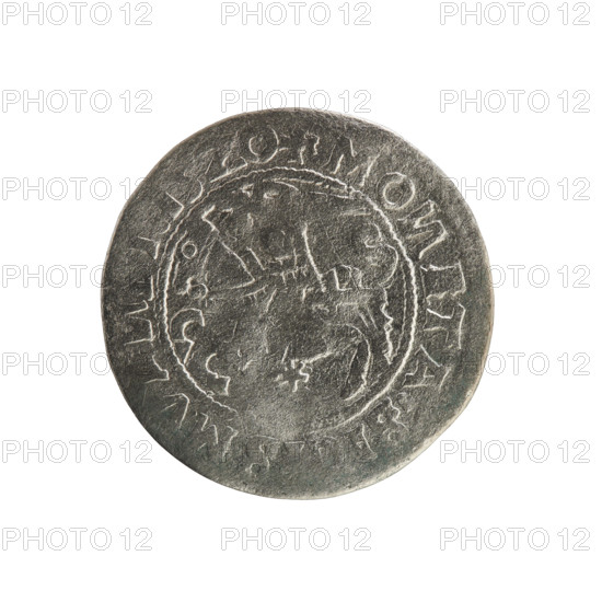 Lithuanian half-grosz, Sigismund I the Old (king of Poland; 1506–1548). Polish coin (Jagiellon dynasty). Obverse: Pogon (Chase) turned left; in the rim between pearl borders an inscription: + MO, TA, SMVA, DI, 15Z0. Reverse: Crowned Polish eagle; in the rim between pearl borders an inscription: +, AG, I:DVCIS:LITVA, IE:.:, 1520. Grand Duchy of Lithuania, Vilnius.