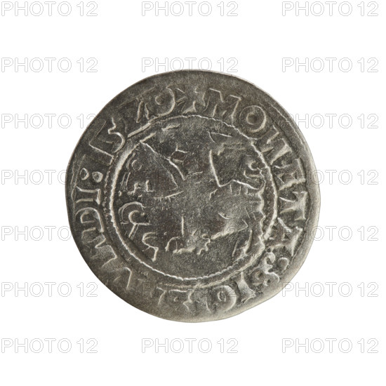 Lithuanian half-grosz, Sigismund I the Old (king of Poland; reign 1506–1548). Silver coin (half-grosz), dated 1520. Obverse: Pogon (Lithuanian charging knight) turned left; rim between pearl borders with inscription '+ MO, ETA:SIG, DI:15Z0'. Reverse: Polish crowned eagle; rim between pearl borders with inscription '+ MAG, I:DVCI, :LITVA, IE:, 1520'. Associated with the Grand Duchy of Lithuania and Poland; Jagiellon dynasty; features heraldic emblems (Pogon and eagle).