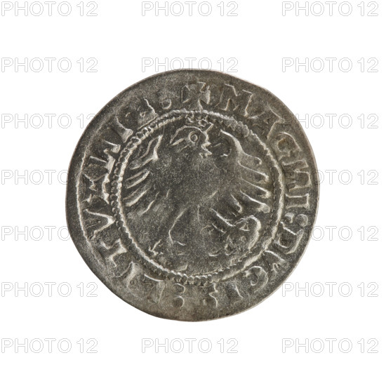 Lithuanian half-grosz, Sigismund I the Old (king of Poland; 1506–1548). Obverse: Pogon (Lithuanian coat of arms) turned left; in the rim between pearl borders an inscription: + MO, ETA:SIG, DI:15Z0. Reverse: Polish crowned eagle; in the rim between pearl borders an inscription: + MAG, I:DVCI, :LITVA, IE:, 1520. Polish coin, Jagiellon dynasty; Grand Duchy of Lithuania; Vilnius; materials and function: coin.