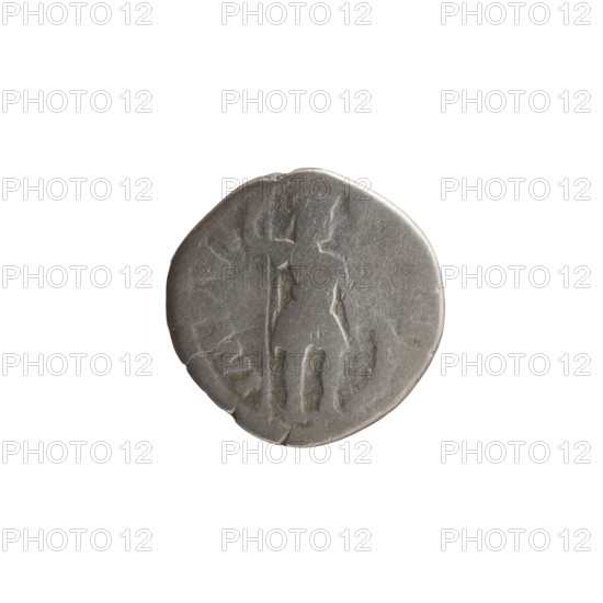 Denarius of Marcus Aurelius (121–180; Roman emperor 161–180). Obverse: Head of Marcus Aurelius with laurel wreath facing right, inscription 'M ANTONIN - AVG TR P XXVI'. Reverse: Mars standing right, holding a spear in his right hand, resting his left on a shield standing on the ground, inscription 'IMP VI - COS III'. Date: 171–172. Culture: Roman Empire (27 BC–476), Rome. Medium/function: coin. Diameter: 17.0–17.5 mm. Weight: 2.77 g. Axis: 15 degrees.