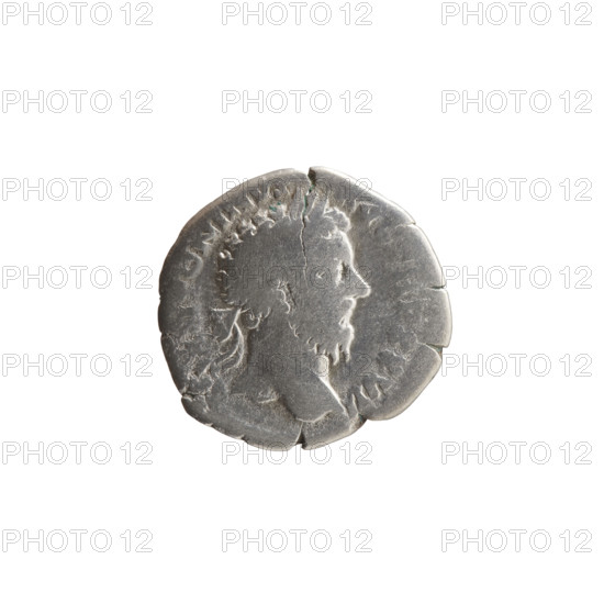 Denarius, Marcus Aurelius (121–180; Roman emperor 161–180), struck 172–173. Obverse: Head of Marcus Aurelius in laurel wreath facing right, inscription TONINVS AVG, RP XXVII around. Reverse: Emperor in toga standing left, holding a branch in his right hand and a scepter in his left, inscription IMP V - CO, III around. Roman Empire (27 BC–476). Coin, Rome. Diameter 18.0–18.5 mm, weight 2.54 g, axis 180°.