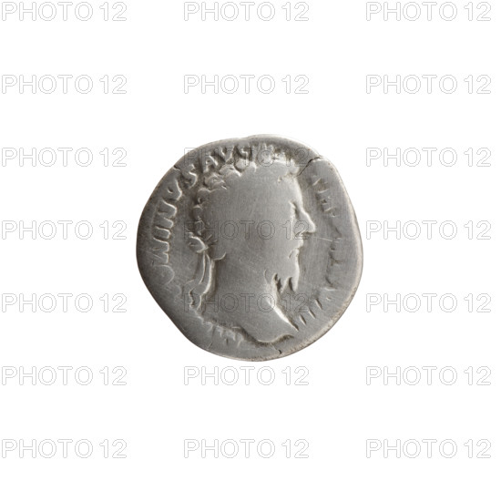 Denarius of Marcus Aurelius (121–180; Roman emperor 161–180), 173–174, Rome. Obverse: Head of Marcus Aurelius in laurel wreath facing right, inscription M·TONINVS·AVG·TRP·XXVIII. Reverse: Emperor in toga standing left, holding a branch in his right hand and a scepter in his left, inscription IMP·V·COS·III. Silver coin; diameter 18.0–18.5 mm, weight 2.73 g, axis 180°.