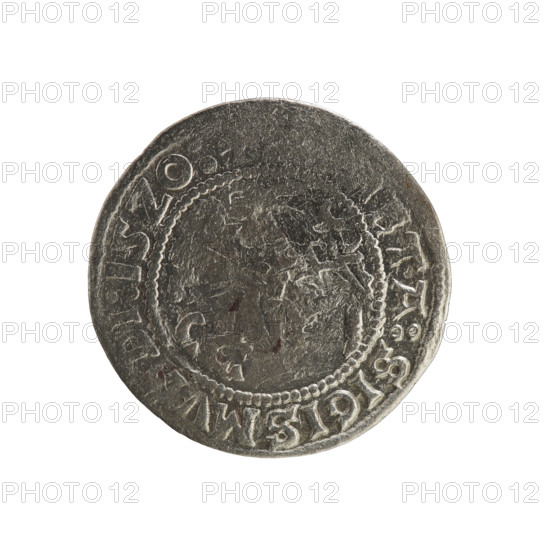 Lithuanian half-grosz, Sigismund I the Old (King of Poland; 1506–1548). Obverse: Pogon (Lithuanian charging knight) turned left; in the rim between pearl borders an inscription: ETA:SIGISMV, 15Z0. Reverse: Polish crowned eagle; in the rim between pearl borders an inscription: + MAG, I:DVCIS:LIT, 1520. Grand Duchy of Lithuania, Vilnius. Materials: coin; style: Jagiellon-era Polish-Lithuanian coinage; emblems: Pogon and eagle.