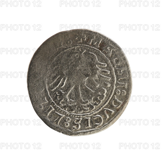 Lithuanian half-grosz, Sigismund I the Old (King of Poland; 1506–1548). Obverse: Pogon (Lithuanian knight) turned left; in the rim between pearl borders an inscription: ETA:SIGISMV, 15Z0. Reverse: Polish crowned eagle; in the rim between pearl borders an inscription: + MAG, I:DVCIS:LIT, 1520. Grand Duchy of Lithuania, Vilnius. Polish coin, Jagiellon dynasty; emblems: Pogon and eagle.