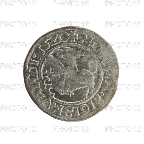 Lithuanian half-grosz, Sigismund I the Old (king of Poland; 1506–1548). Silver coin (half-grosz), 1520. Obverse: Pogon (Lithuanian charging knight) turned left; rim inscription between pearl borders: + MO, TA:SIGISMVA, DI:15Z0. Reverse: Crowned Polish Eagle; rim inscription between pearl borders: + MAG, I:DVCIS:LI, A, IE:.:, 1520. Associated with the Grand Duchy of Lithuania (Vilnius) and the Polish–Lithuanian realm.