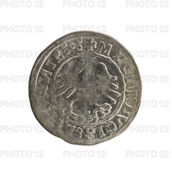Lithuanian half-grosz, Sigismund I the Old (king of Poland; 1506–1548). Obverse: Pogon (Lithuanian mounted knight) turned left; in the rim between pearl borders an inscription: + MO, TA:SIGISMVA, DI:15Z0. Reverse: Polish crowned eagle; in the rim between pearl borders an inscription: + MAG, I:DVCIS:LI, A, IE:.:, 1520. Silver coin, Grand Duchy of Lithuania, Vilnius; Jagiellon dynasty; emblems: Pogon and eagle.