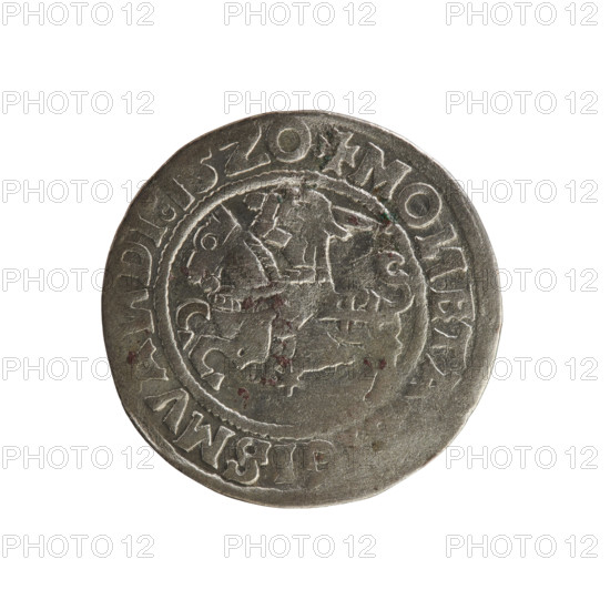 Lithuanian half-grosz, Sigismund I the Old (king of Poland; 1506–1548). Obverse: Pogon (Lithuanian charging knight) turned left; in the rim between pearl borders an inscription: + MO, ETA, GISMVA, DI:15Z0. Reverse: Polish crowned eagle; in the rim between pearl borders an inscription: + MAG, I:DVCIS, VA, IE:., 1520. Material: coinage; style/emblems: Jagiellon dynasty, emblems—Pogon and Eagle. Place/date: Grand Duchy of Lithuania, Vilnius, 1520.