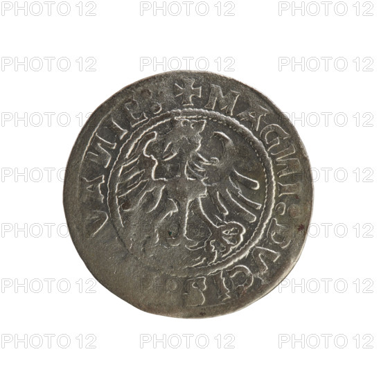 Lithuanian half-grosz, Sigismund I the Old (king of Poland; 1506–1548). Silver coin (half-grosz), 1520. Obverse: Pogon (Lithuanian knight) turned left; in the rim between pearl borders an inscription: + MO, ETA, GISMVA, DI:15Z0. Reverse: Polish crowned eagle; in the rim between pearl borders an inscription: + MAG, I:DVCIS, VA, IE:., 1520. Grand Duchy of Lithuania, Vilnius.