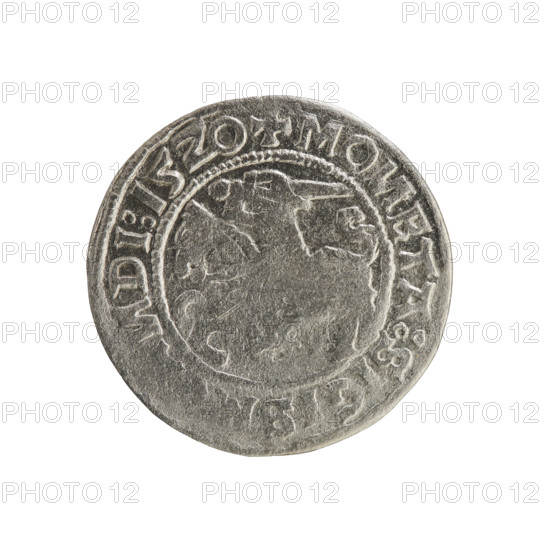Lithuanian half-grosz, Sigismund I the Old (king of Poland; reign 1506–1548). Silver coin (half-grosz), 1520. Obverse: Pogon (Lithuanian charging knight) facing left; inscription in rim between beaded borders: + MO, ETA:SIGIS, DI:15Z0. Reverse: Crowned Polish eagle; inscription in rim between beaded borders: + MAG, I:DVCIS, A, IE:, 1520. Jagiellon dynasty; emblems: Pogon and Eagle. Minted in the Grand Duchy of Lithuania, Vilnius.