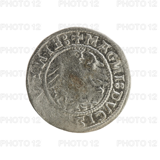 Lithuanian half-grosz, Sigismund I the Old (king of Poland; 1506–1548). Polish coin of the Jagiellon dynasty. Obverse: Pogon (Lithuanian knight) turned left; in the rim between pearl borders an inscription: + MO, ETA:SIGIS, DI:15Z0. Reverse: Polish crowned eagle; in the rim between pearl borders an inscription: + MAG, I:DVCIS, A, IE:, 1520. Grand Duchy of Lithuania, Vilnius, Poland.