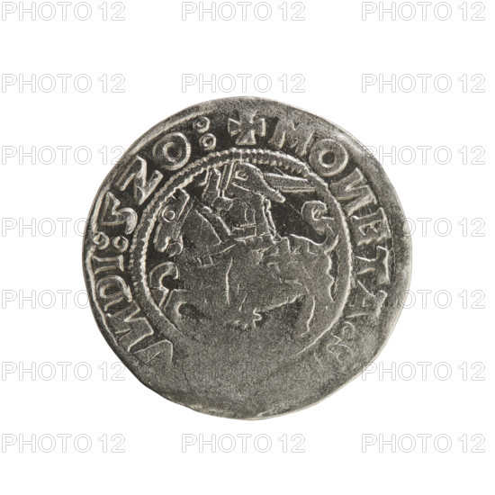 Lithuanian half-grosz of Sigismund I the Old (king of Poland, 1506–1548). Obverse: Pogon (Lithuanian knight) turned left; in the rim between pearl borders an inscription: + MO, ETA, V, DI:5Z0:. Reverse: crowned Polish Eagle; in the rim between pearly borders an inscription: I:DVCIS:LITVA, IE:, 1520. Coin of the Grand Duchy of Lithuania, struck in Vilnius.