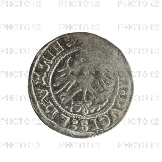 Lithuanian half-grosz, Sigismund I the Old (king of Poland, 1506–1548); Polish coin (c. 1520). Obverse: Pogon (Lithuanian coat of arms) turned left; in the rim between pearl borders an inscription: + MO, ETA, V, DI:5Z0: Rv.: Polish crowned eagle; in the rim between pearl borders an inscription: I:DVCIS:LITVA, IE:, 1520. Grand Duchy of Lithuania — Vilnius.