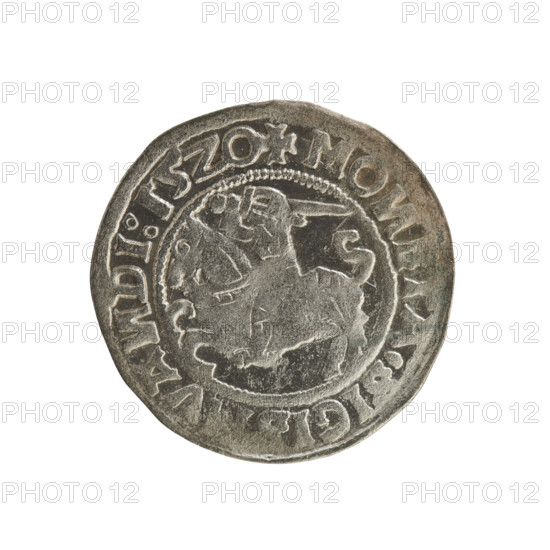 Lithuanian half-grosz, Sigismund I the Old (king of Poland; 1506–1548). Silver coin (half-grosz), dated 1520. Obverse: Pogon (Lithuanian mounted knight) turned left; in the rim between pearl borders an inscription: + MO, ETA, SIGISMVA, DI:15Z0. Reverse: crowned Polish Eagle; in the rim between pearl borders an inscription: + MAG, I, VA, IE.:, 1520. Grand Duchy of Lithuania, Vilnius; Jagiellon dynasty; emblems: Pogon and Eagle.