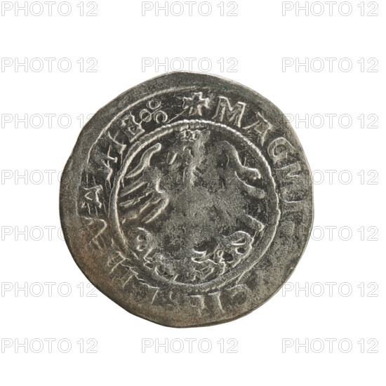 Lithuanian half-grosz, Sigismund I the Old (king of Poland; 1506–1548). Silver coin (half-grosz), 1520. Obverse: Pogon (Lithuanian charging knight) turned left; in rim between pearl borders inscription: + MO, ETA, SIGISMVA, DI:15Z0. Reverse: Crowned Polish eagle; in rim between pearl borders inscription: + MAG, I, VA, IE.:, 1520. Associated with the Grand Duchy of Lithuania, Vilnius; Jagiellon dynasty; emblems: Pogon and Eagle.