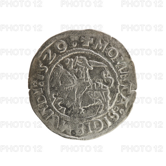 Lithuanian half-grosz, Sigismund I the Old (king of Poland; reign 1506–1548). Silver coin (half-grosz), dated 1520. Obverse: Pogon (Lithuanian mounted knight) turned left; rim between pearl borders with inscription + MO, ETA:SIGI, DI:15Z0. Reverse: Crowned Polish eagle; rim between pearl borders with inscription + MA, I:DVCIS:LITVA, IE.:, 1520. Associated with the Jagiellon dynasty; emblems: Pogon and Eagle.