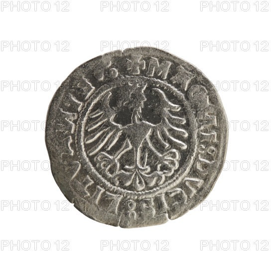 Lithuanian half-grosz, Sigismund I the Old (king of Poland; 1506–1548). Silver coin (half-grosz), 1520. Obverse: Pogon (Lithuanian knight) turned left; in the rim between pearl borders an inscription: + MO, ETA:SIGI, DI:15Z0. Reverse: crowned Polish Eagle; in the rim between pearl borders an inscription: + MA, I:DVCIS:LITVA, IE.:, 1520. Grand Duchy of Lithuania (Vilnius). Jagiellon dynasty; emblems: Pogon and Eagle.