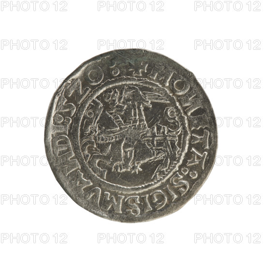 Lithuanian half-grosz (1520), Sigismund I the Old (King of Poland, 1506–1548). Obverse: Pogon (Lithuanian mounted knight) turned left; rim between pearl borders with inscription '+ MO, TA:SIGISMVA, DI:5Z0:'. Reverse: crowned Polish eagle; rim between pearl borders with inscription '+ MAG, I, CIS:LITVA, IE:, 1520'. Silver coin, Grand Duchy of Lithuania (Vilnius), Jagiellon dynasty; emblems: Pogon and crowned eagle.