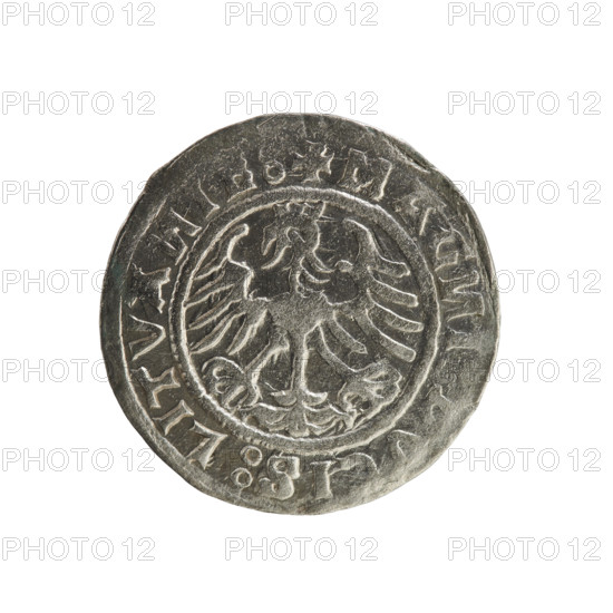 Lithuanian half-grosz, Sigismund I the Old (King of Poland, 1506–1548). Coin (Polish, Jagiellon dynasty), 1520. Obverse: Pogon (Lithuanian mounted knight) turned left; in the rim between pearl borders an inscription: + MO, TA:SIGISMVA, DI:5Z0:. Reverse: crowned Polish eagle; in the rim between pearl borders an inscription: + MAG, I, CIS:LITVA, IE:, 1520. Grand Duchy of Lithuania, Vilnius.