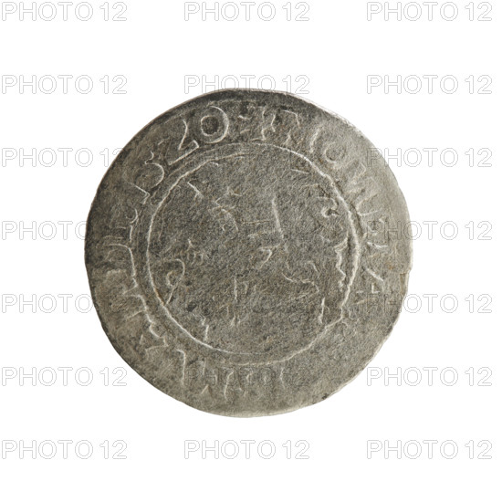 Lithuanian half-grosz, Sigismund I the Old (king of Poland; 1506–1548). Polish coin (Jagiellon dynasty). Obverse: Pogon (Lithuanian mounted knight) turned left; in the rim between pearl borders an inscription: + MO, ETA:, SMVA, DI, 15Z0. Reverse: Polish crowned eagle; in the rim between pearl borders an inscription: + I:DVCIS:LITVA, I, 1520. Grand Duchy of Lithuania; Vilnius.