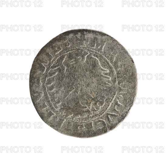 Lithuanian half-grosz, Sigismund I the Old (king of Poland; 1506–1548). Obverse: Pogon (Lithuanian mounted knight) turned left; in the rim between pearl borders an inscription: + MO, ETA:, SMVA, DI, 15Z0. Reverse: Polish crowned eagle; in the rim between pearl borders an inscription: + I:DVCIS:LITVA, I, 1520. Grand Duchy of Lithuania, Vilnius. Coin.