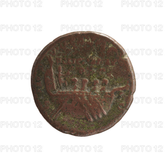 Marcus Aurelius (121–180; Roman emperor 161–180), issuer. Obverse: Head of Marcus Aurelius in laurel wreath to the right, legend 'M ANTONINVS AV... SARM TR P XXXI' all around. Reverse: Ship sailing to the right with four rowers; at the helm Neptune stands to the right holding a trident and a dolphin, legend 'IMP VIII COS... FELICITATI AVG/ PP' above the ship, letters 'S - C' in the fields. Date: 176–177. Roman Empire (27 BC–476), Rome. Coin. Diameter 24.5 mm, weight 10.47 g, axis 0°.