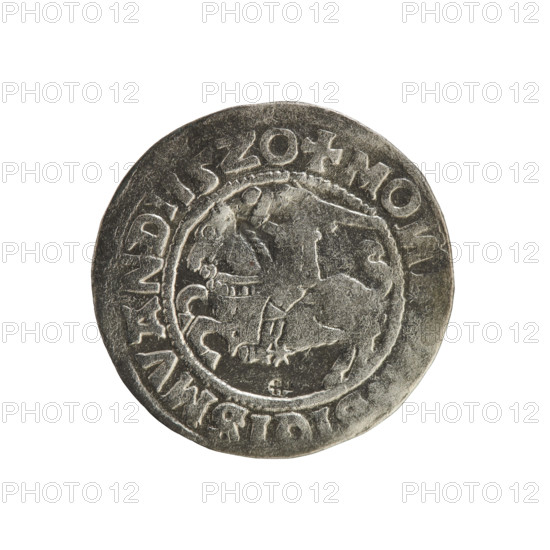 Lithuanian half-grosz, Sigismund I the Old (king of Poland; 1506–1548). Obv.: Pogon (Lithuanian coat of arms) turned left; in the rim between pearl borders an inscription: + MO, IGISMVANDI15Z0. Rev.: Polish crowned Eagle; in the rim between pearl borders an inscription: + MAG, I:DVCI, TVA, IE, 1520. R8 (rarity). Polish coin of the Jagiellonian dynasty; Grand Duchy of Lithuania, Vilnius; material: coin.