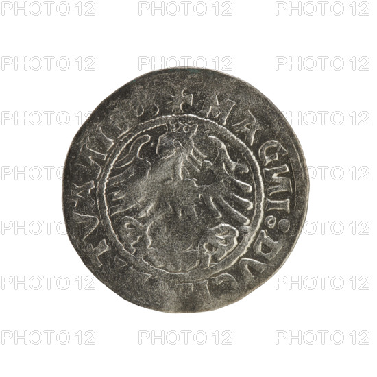 Lithuanian half-grosz, Sigismund I the Old (king of Poland; 1506–1548). Obverse: Pogon (Lithuanian coat of arms) turned left; in the rim between pearl borders an inscription: + MO, IGISMVANDI15Z0. Reverse: Polish crowned eagle; in the rim between pearl borders an inscription: + MAG, I:DVCI, TVA, IE, 1520. R8 (rarity). Polish coin of the Jagiellonian dynasty; Grand Duchy of Lithuania, Vilnius; coin.